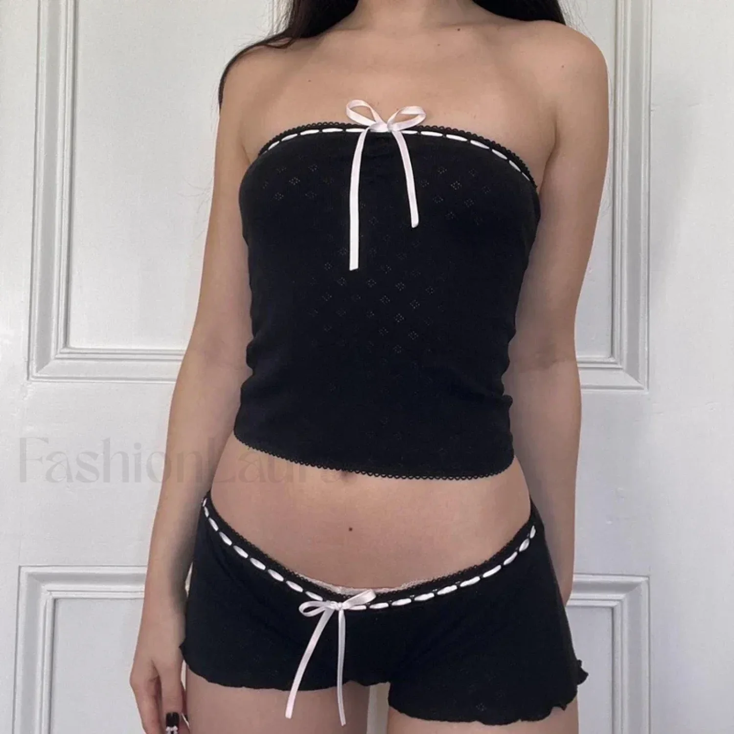 00s Ribbon Lace Trim Strapless Tube Top Shorts Two Piece Set - Image 15