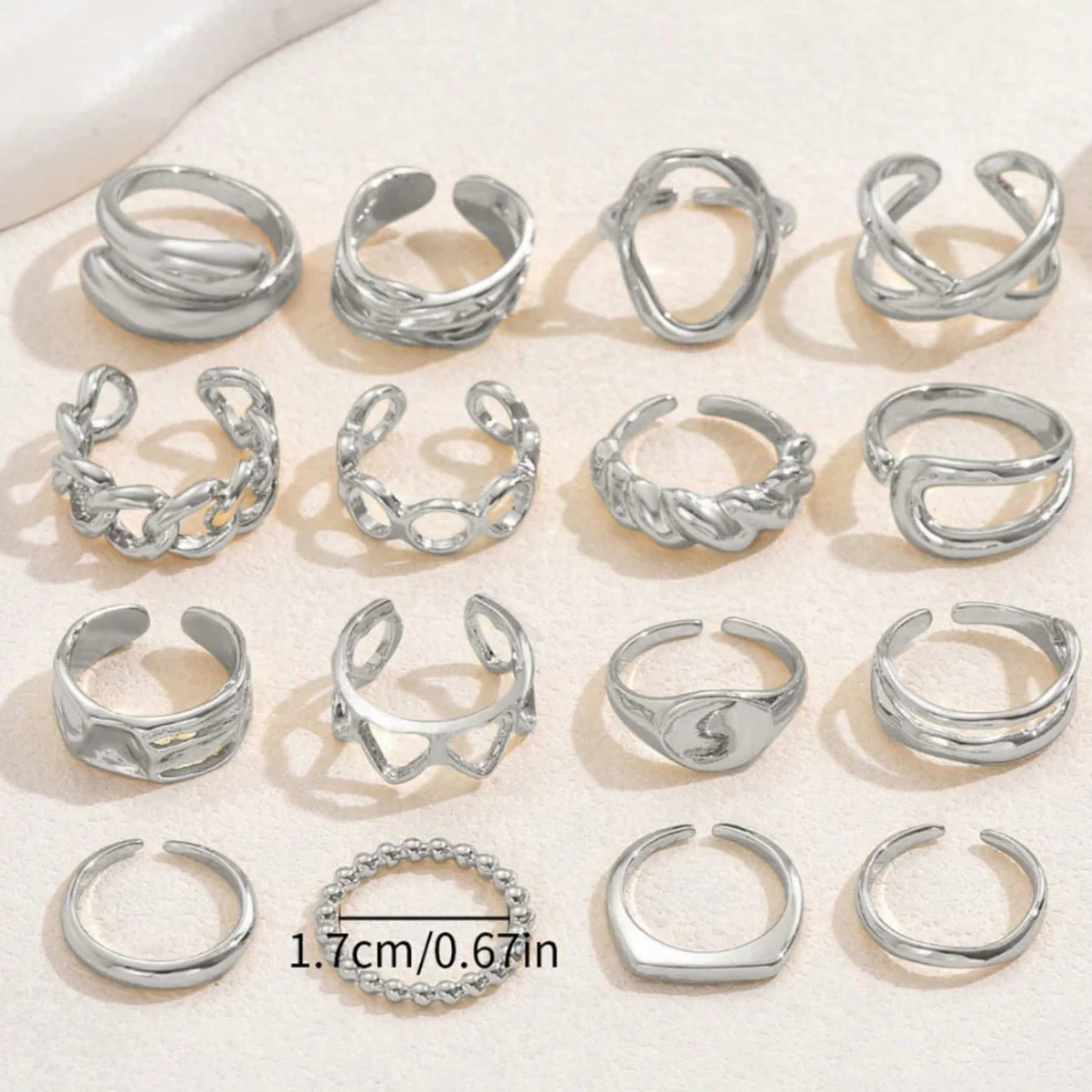 16-Piece Geometric Heart Open Ring Set - Image 4