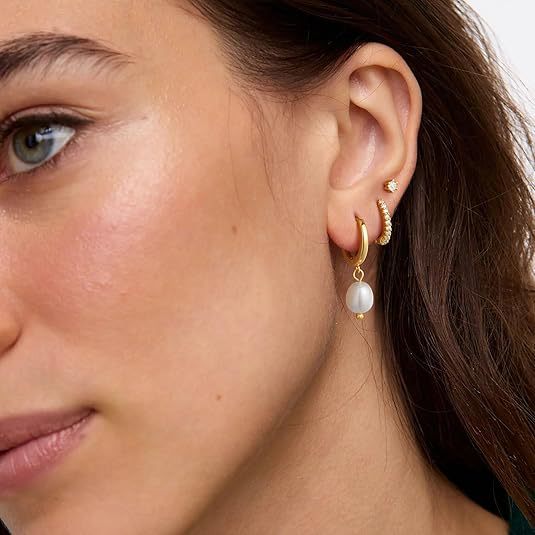 3-Piece Gold Tone Baroque Pearl Earring Set - Image 2