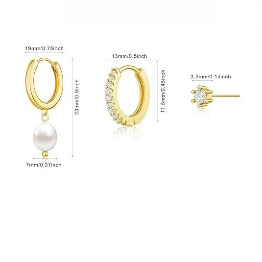 3-Piece Gold Tone Baroque Pearl Earring Set - Image 6
