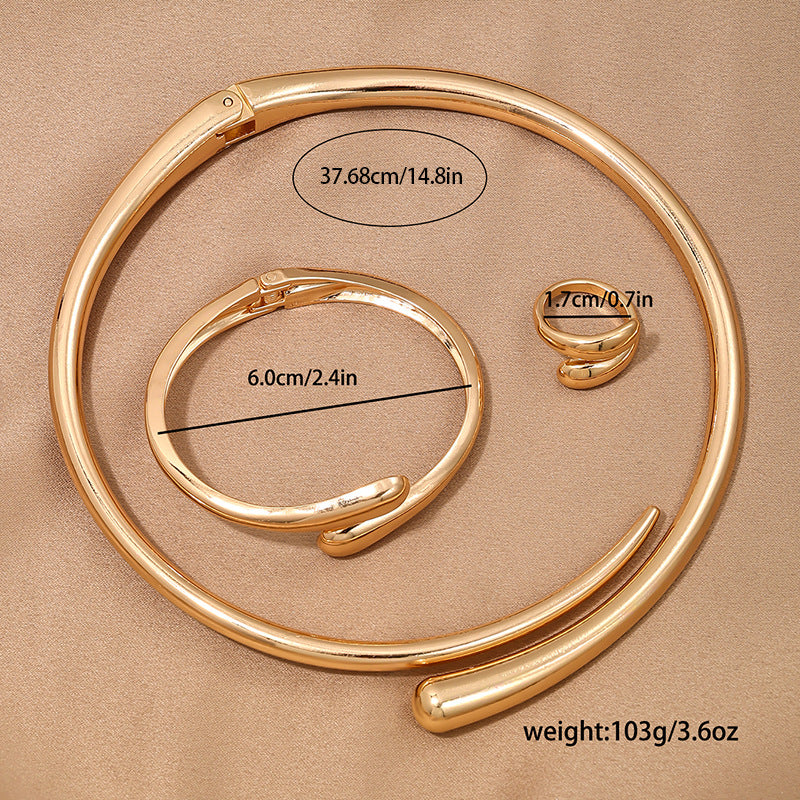 3 Piece Heavy Geometric Bracelet, Ring & Necklace Set - Image 4