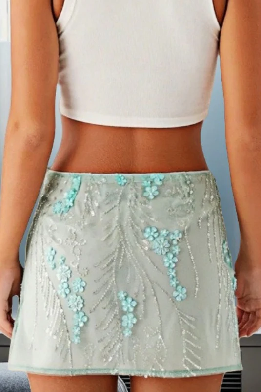 3D Embroidered Sheer Mesh Sequin Floral Skirt - Image 3