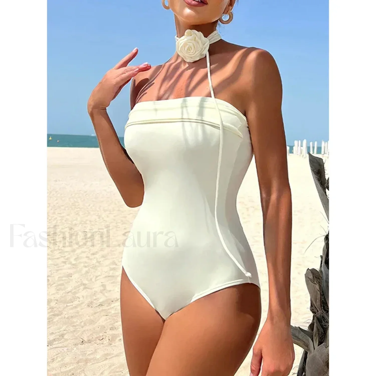 3D Floral Halter Solid One Piece - Image 3