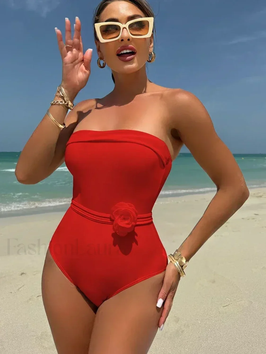 3D Floral Strapless White One Piece - Image 15