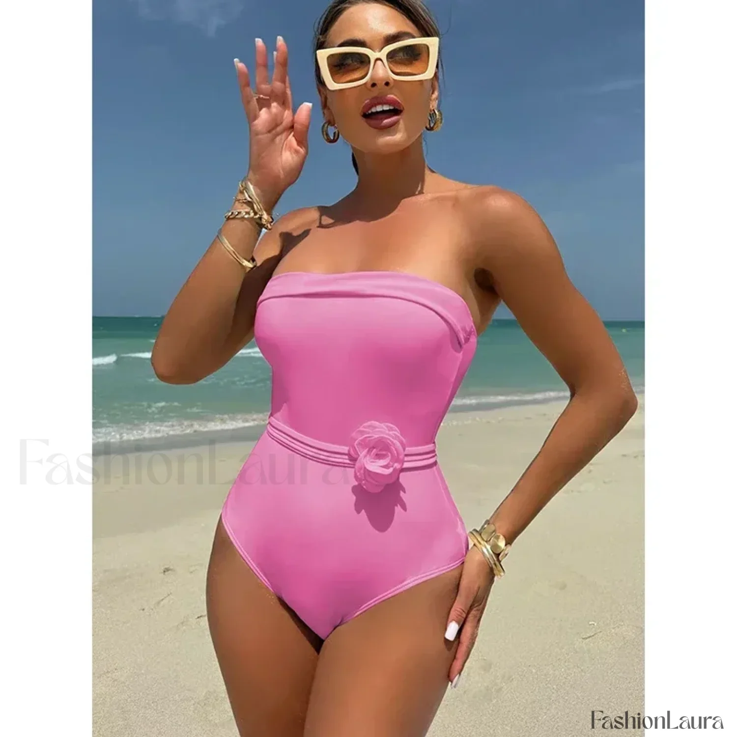 3D Floral Strapless White One Piece - Image 20