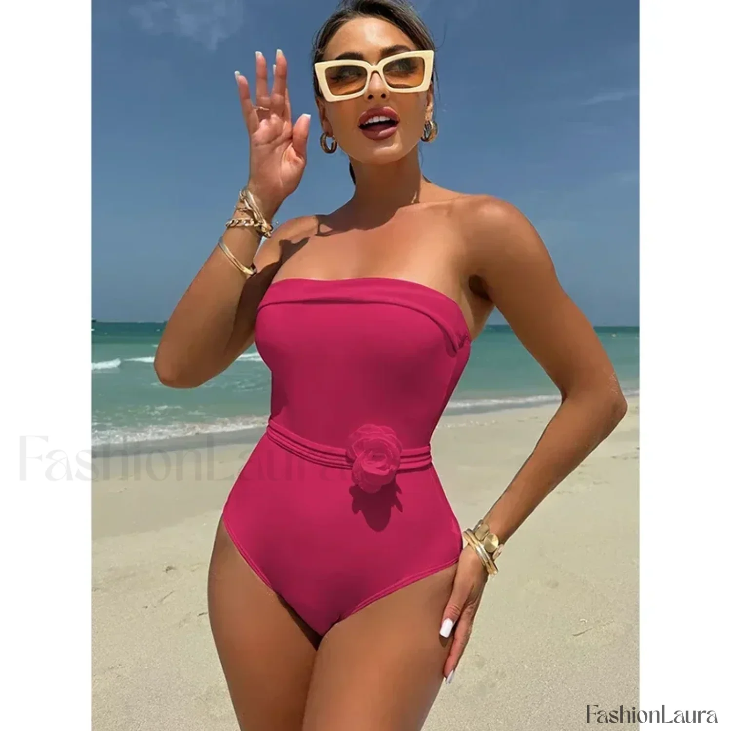 3D Floral Strapless White One Piece - Image 21