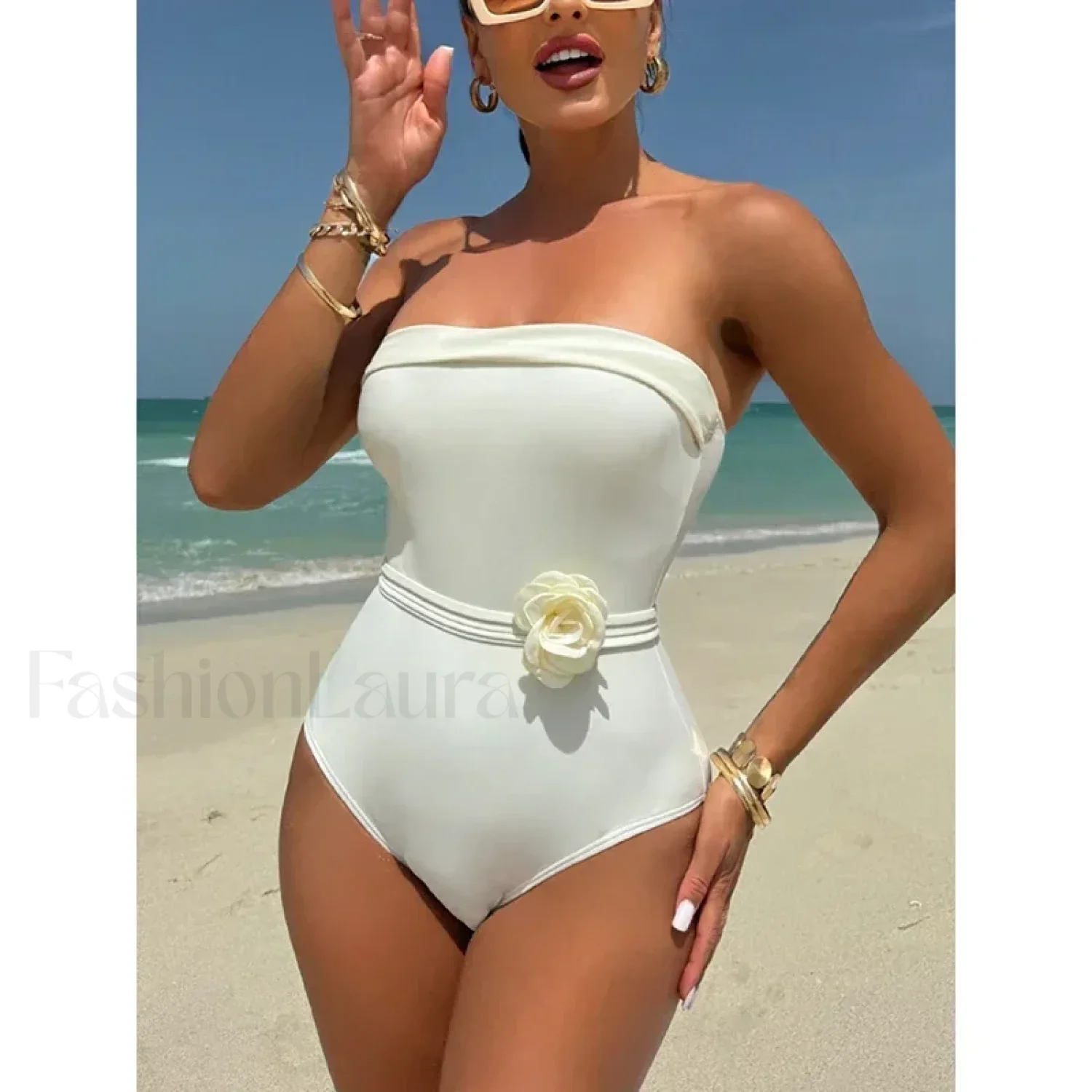 3D Floral Strapless White One Piece - Image 5