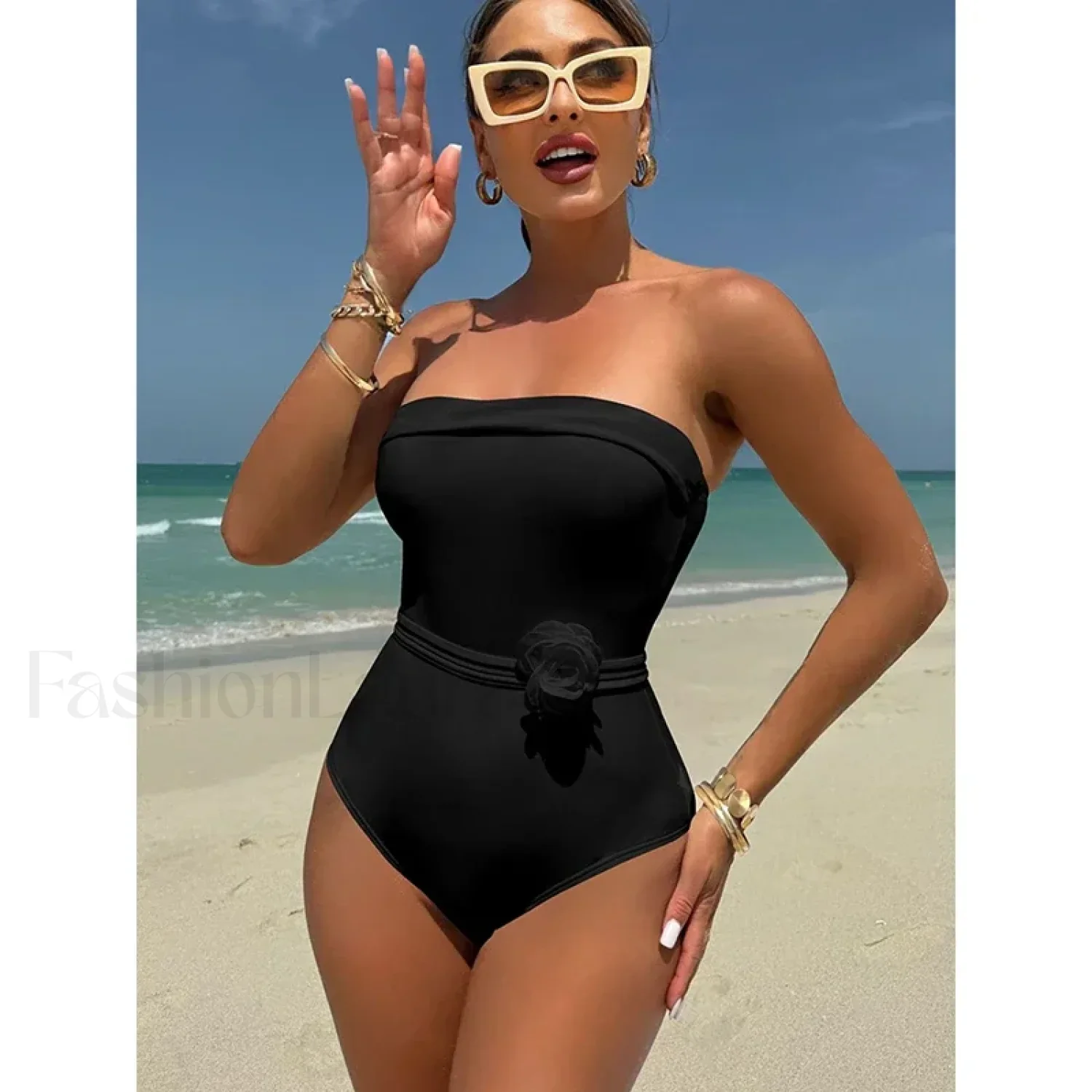 3D Floral White Strapless One Piece - Image 6
