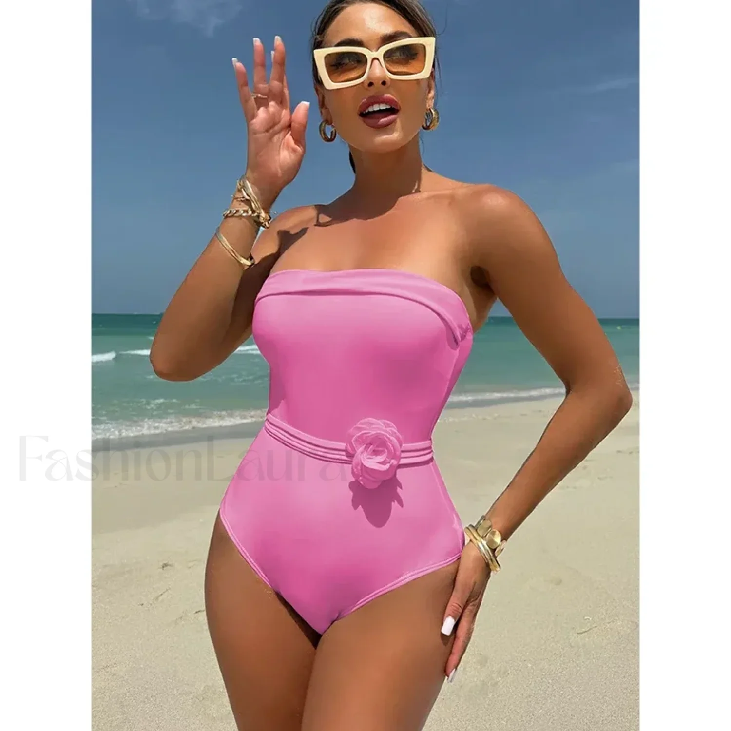 3D Floral White Strapless One Piece - Image 8