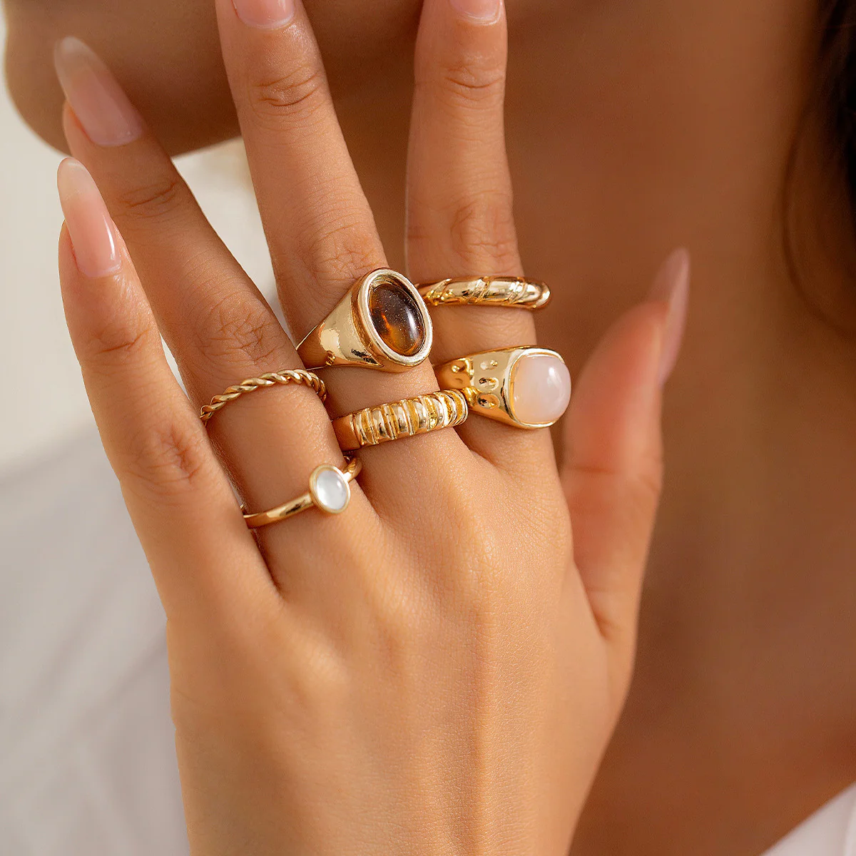 6-Piece Irregular Gemstone Metal Ring Set - Image 3
