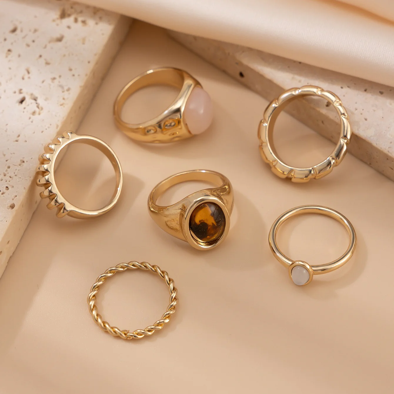 6-Piece Irregular Gemstone Metal Ring Set - Image 5