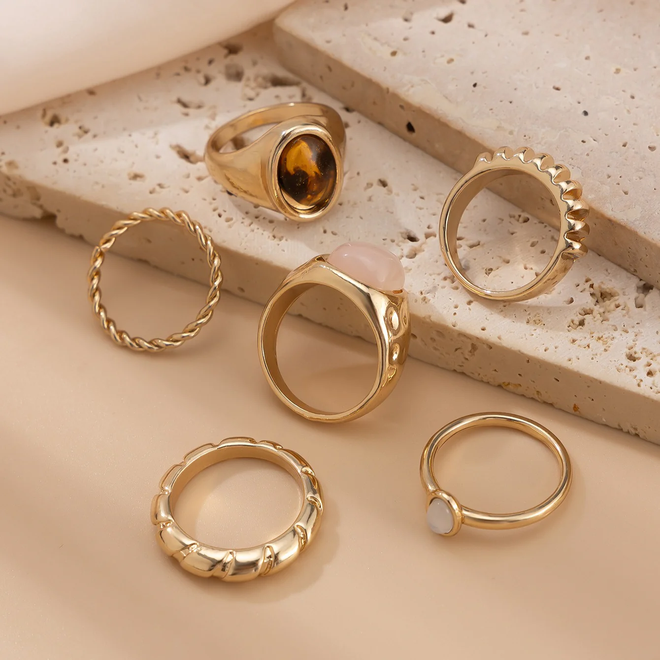 6-Piece Irregular Gemstone Metal Ring Set - Image 6