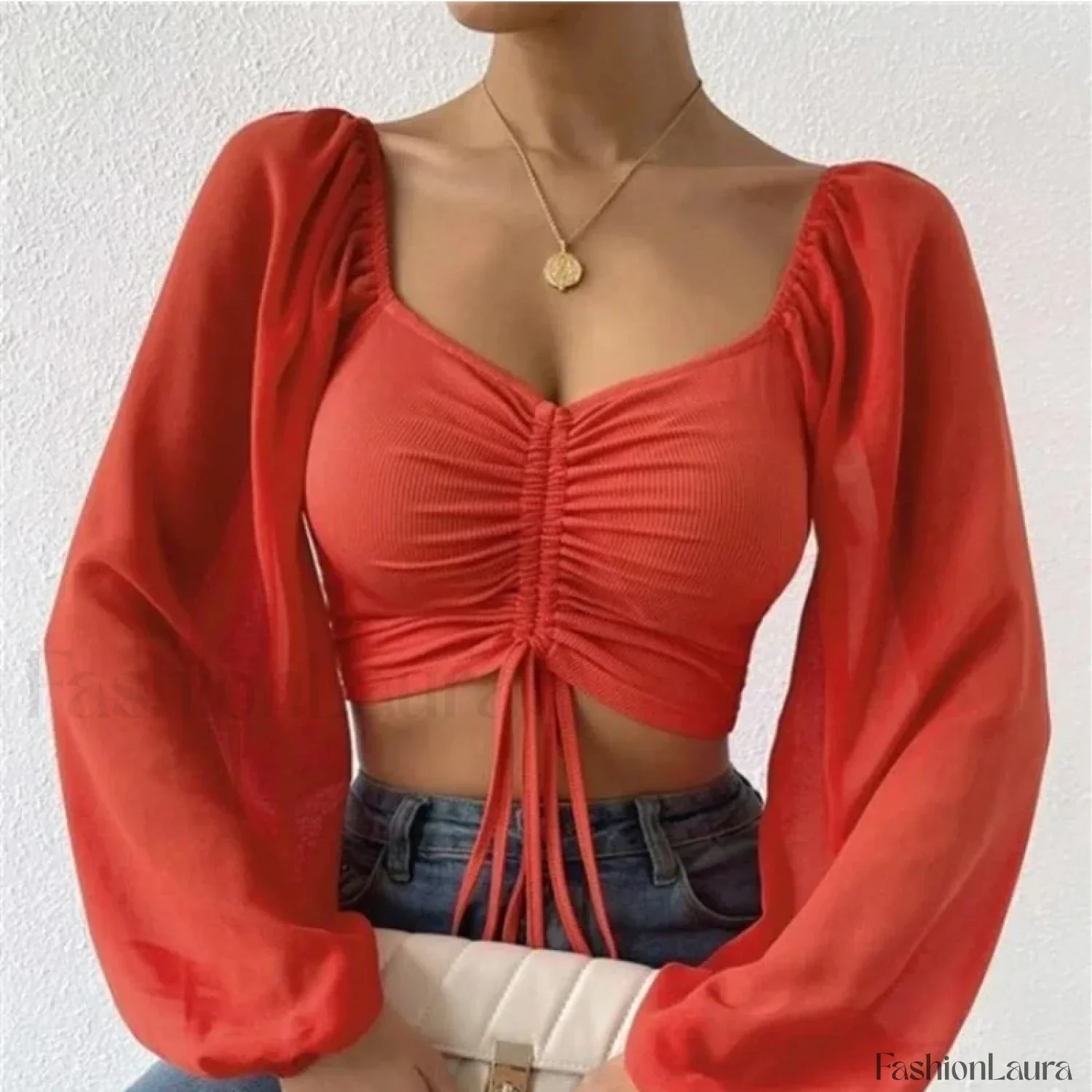 ALLUKASA Sexy Mesh Lantern Sleeve Crop Top - Image 14