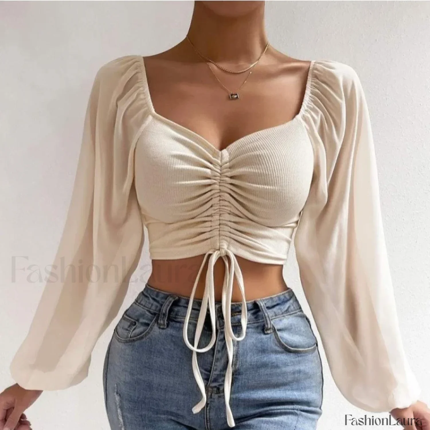 ALLUKASA Sexy Mesh Lantern Sleeve Crop Top - Image 15