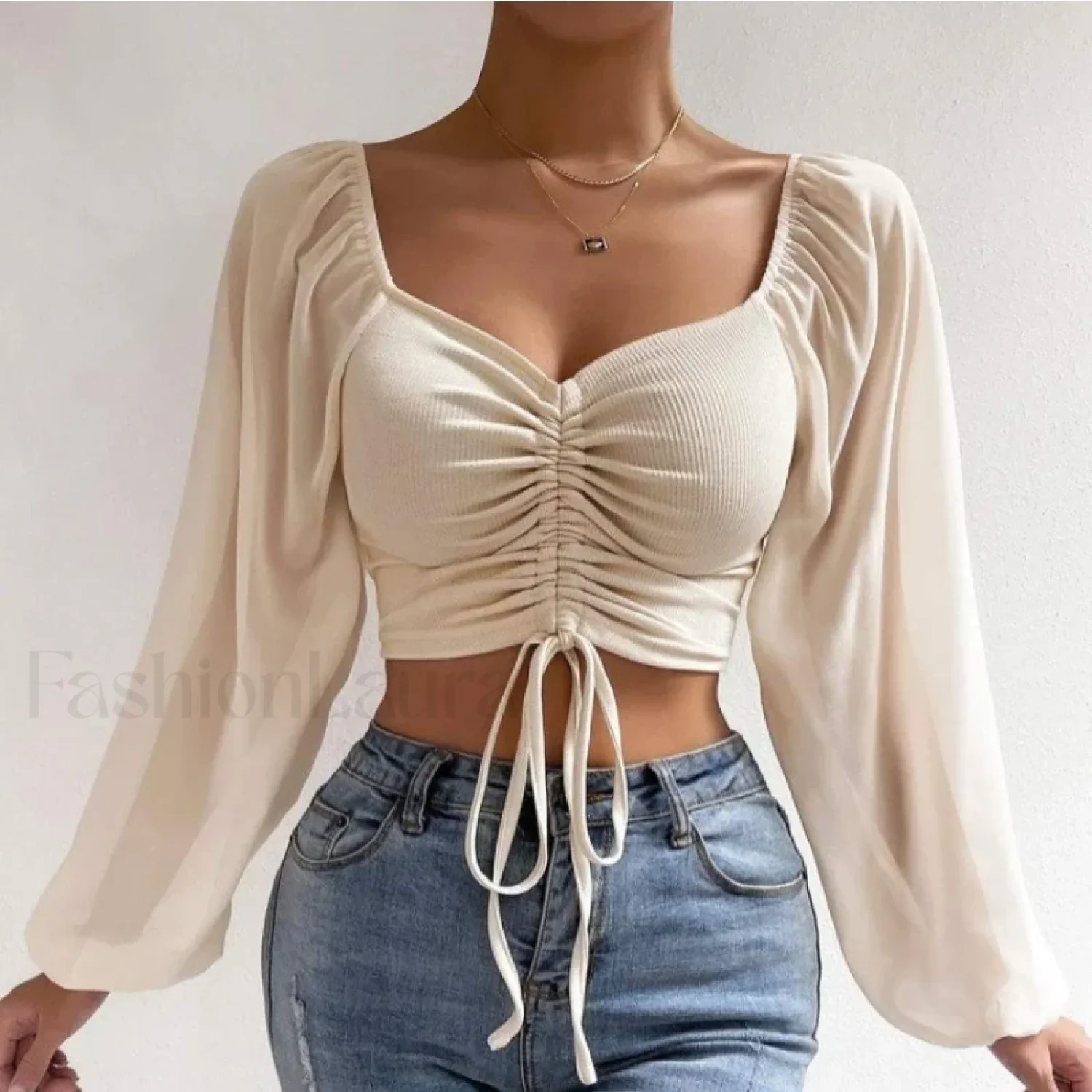 ALLUKASA Sexy Mesh Lantern Sleeve Crop Top - Image 5