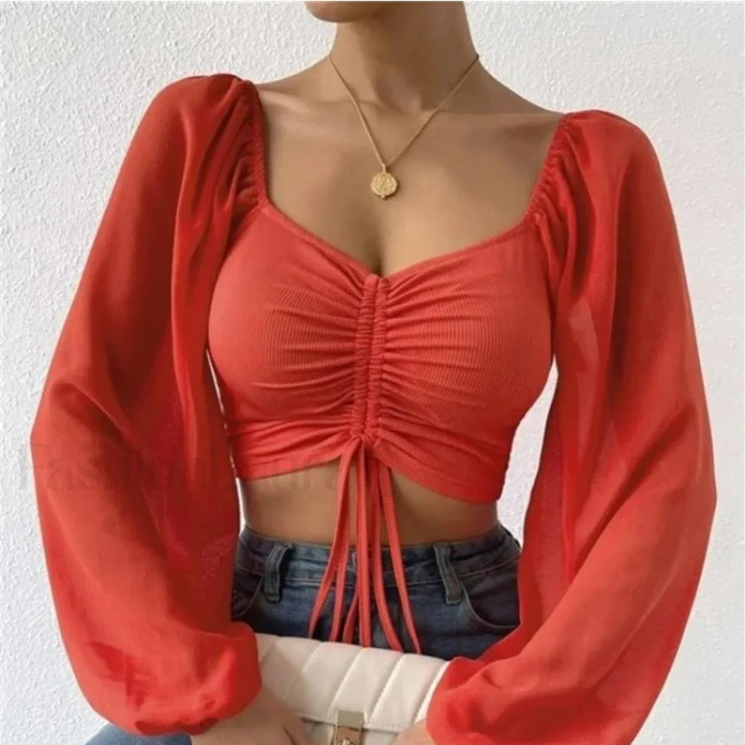 ALLUKASA Sexy Mesh Lantern Sleeve Crop Top - Image 9