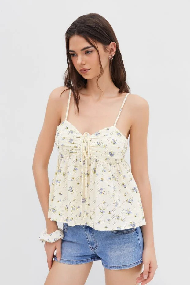 Apricot Floral Spaghetti Strap Tie Tank Top - Image 3