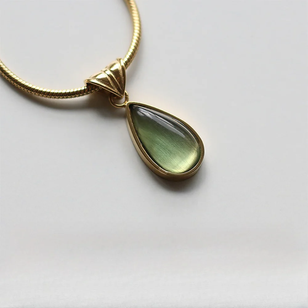 Aqua Teardrop Pendant Titanium Steel Gold Plated Necklace - Image 5