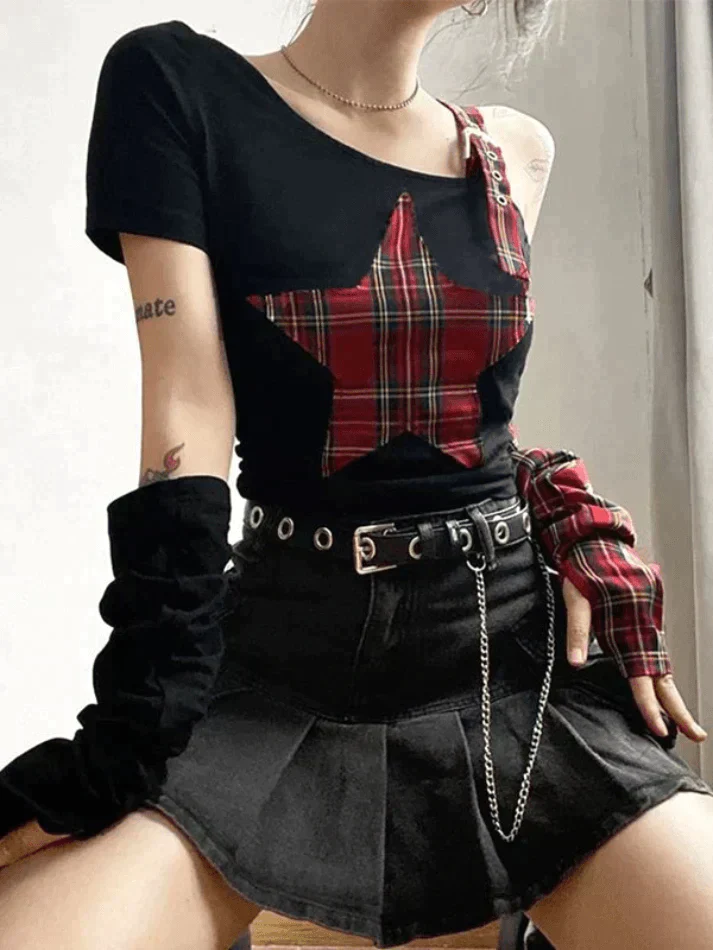 Arm Gloves Cold Shoulder Star Black Crop Top - Image 3