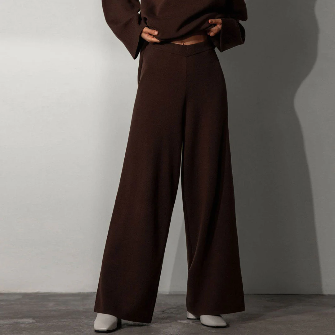 High Neck Bell Sleeve Sweater Wide Leg Pants Matching Set - Chestnut - Image 3
