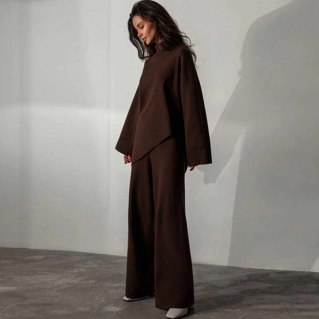 High Neck Bell Sleeve Sweater Wide Leg Pants Matching Set - Chestnut - Image 6