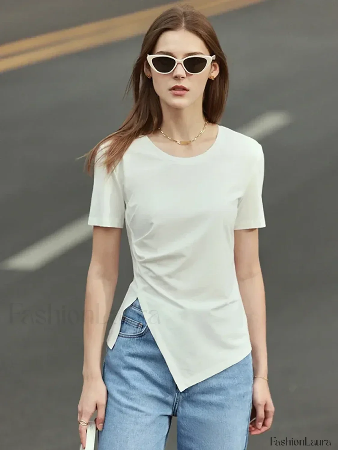 Asymmetric Neck Solid T-Shirt - Image 13