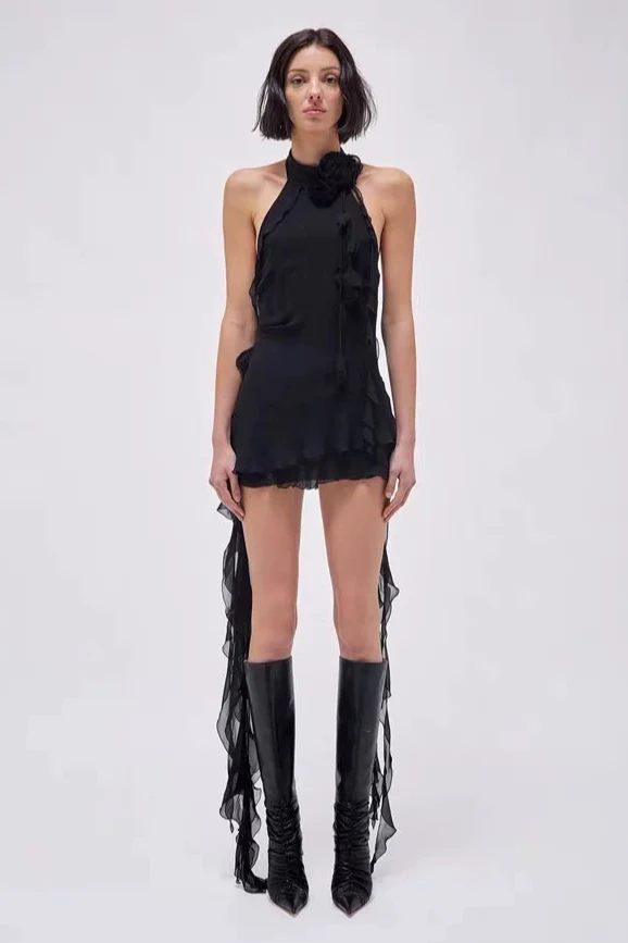Asymmetric Rose Halter Mini Dress - Image 3