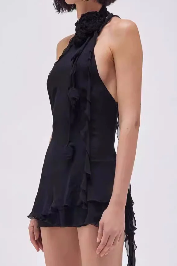 Asymmetric Rose Halter Mini Dress - Image 4