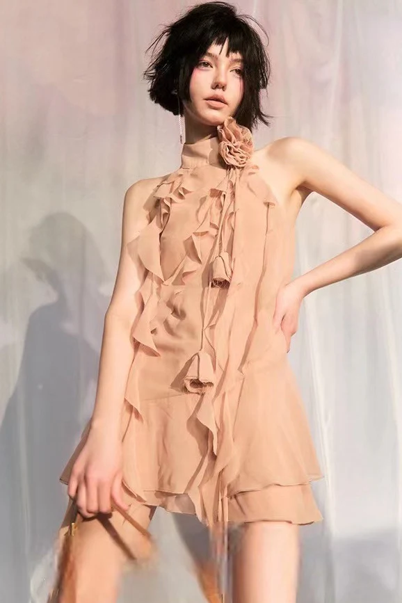Asymmetric Rose Halter Mini Dress - Image 5