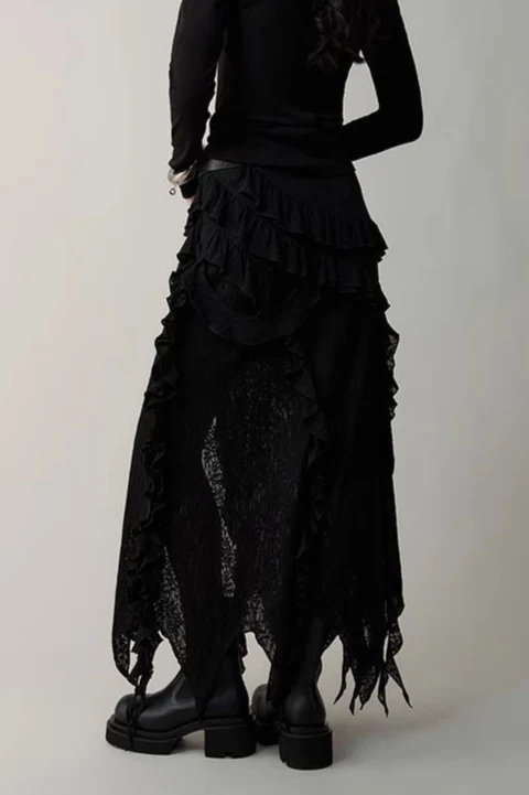 Asymmetric Wool Blend Black White Maxi Skirt - Image 10