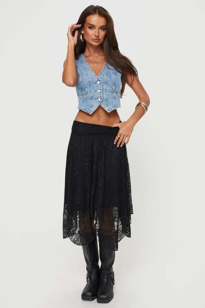 Asymmetrical Hem Lace Detail Midi Skirt - Image 10