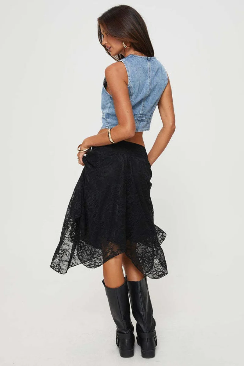 Asymmetrical Hem Lace Detail Midi Skirt - Image 8