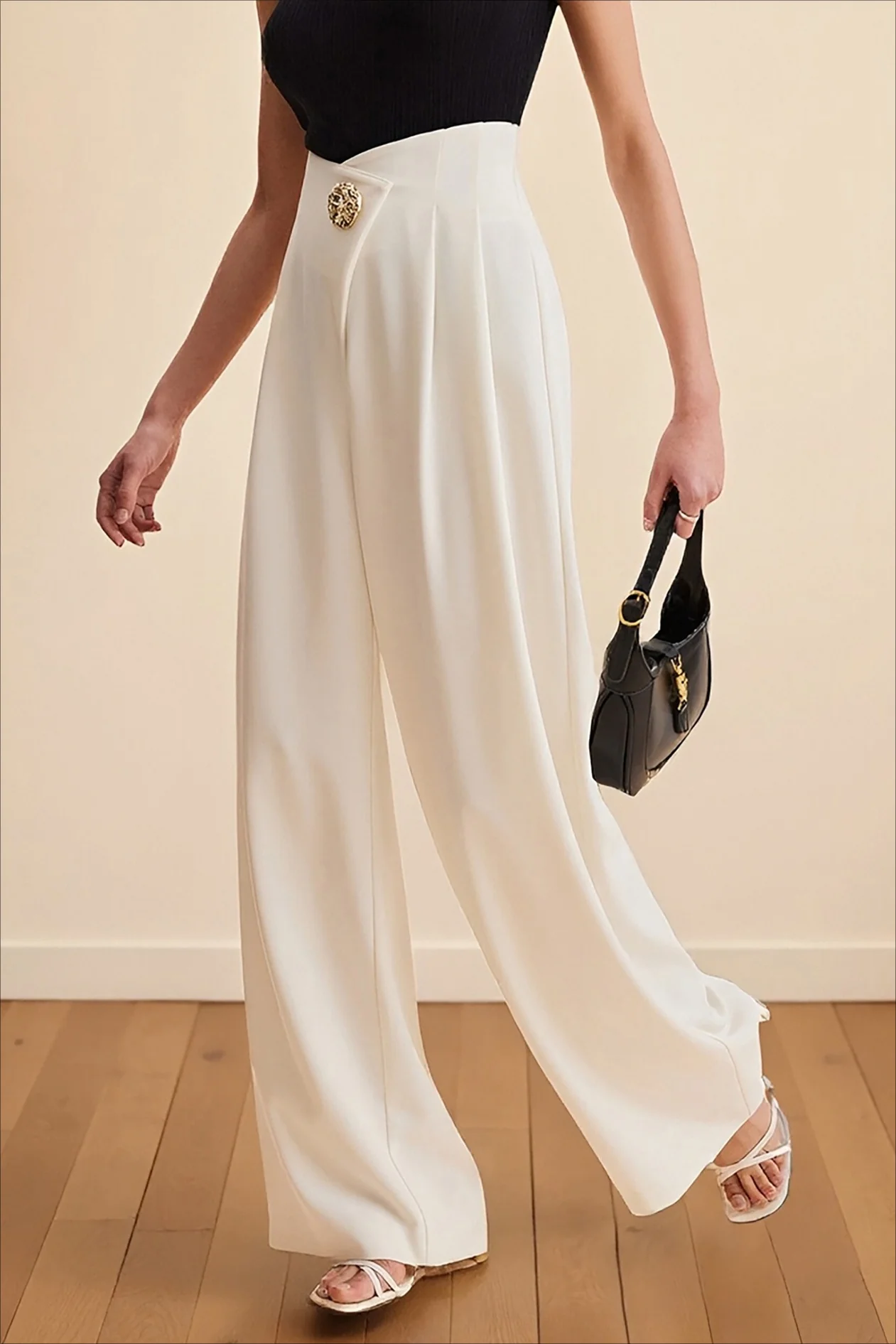 Asymmetrical Waist High Waist Wide Leg Casual Pants - Image 4