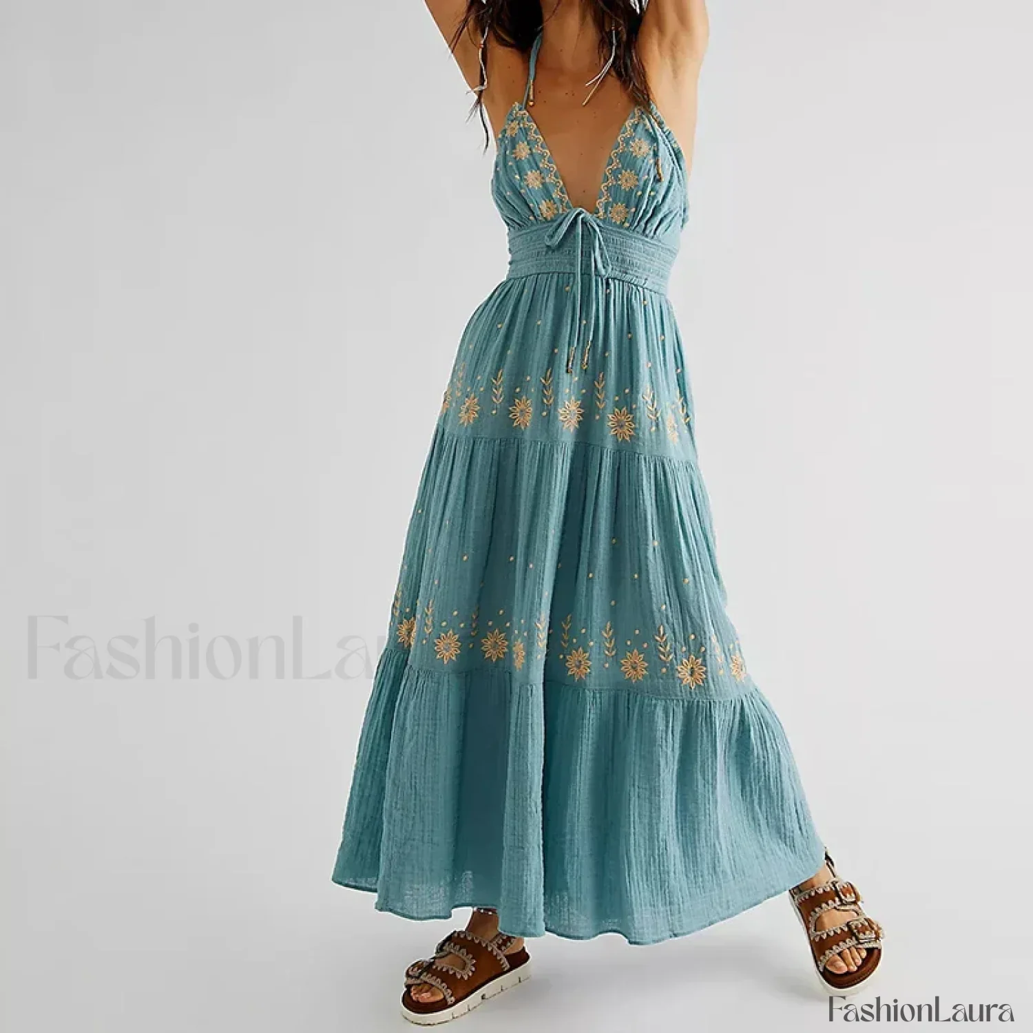 Backless Halter Embroidery Boho Dress - Image 38