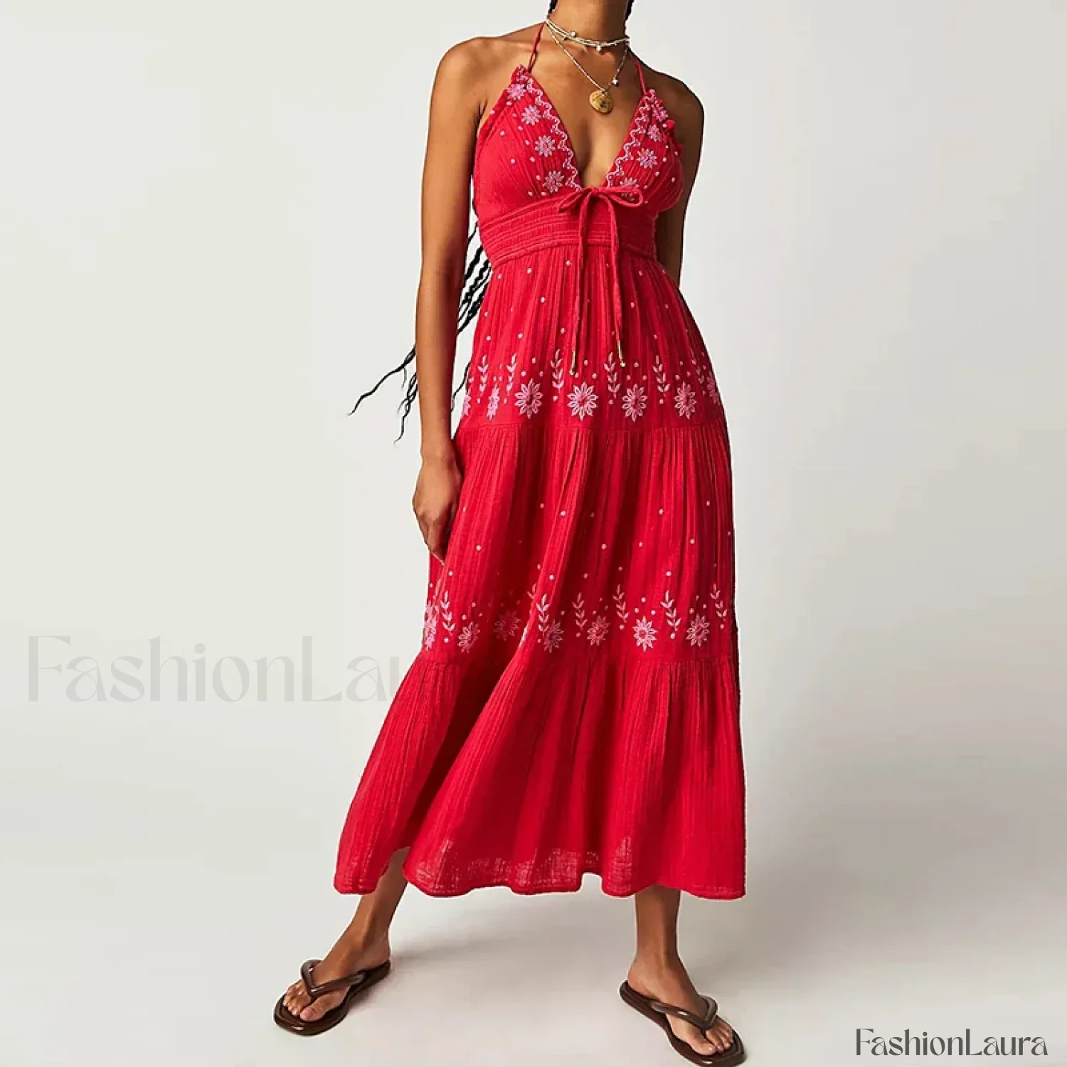 Backless Halter Embroidery Boho Dress - Image 41