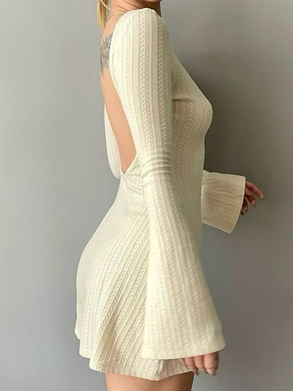 Backless Knitted Long Sleeve Mini Dress - Image 3