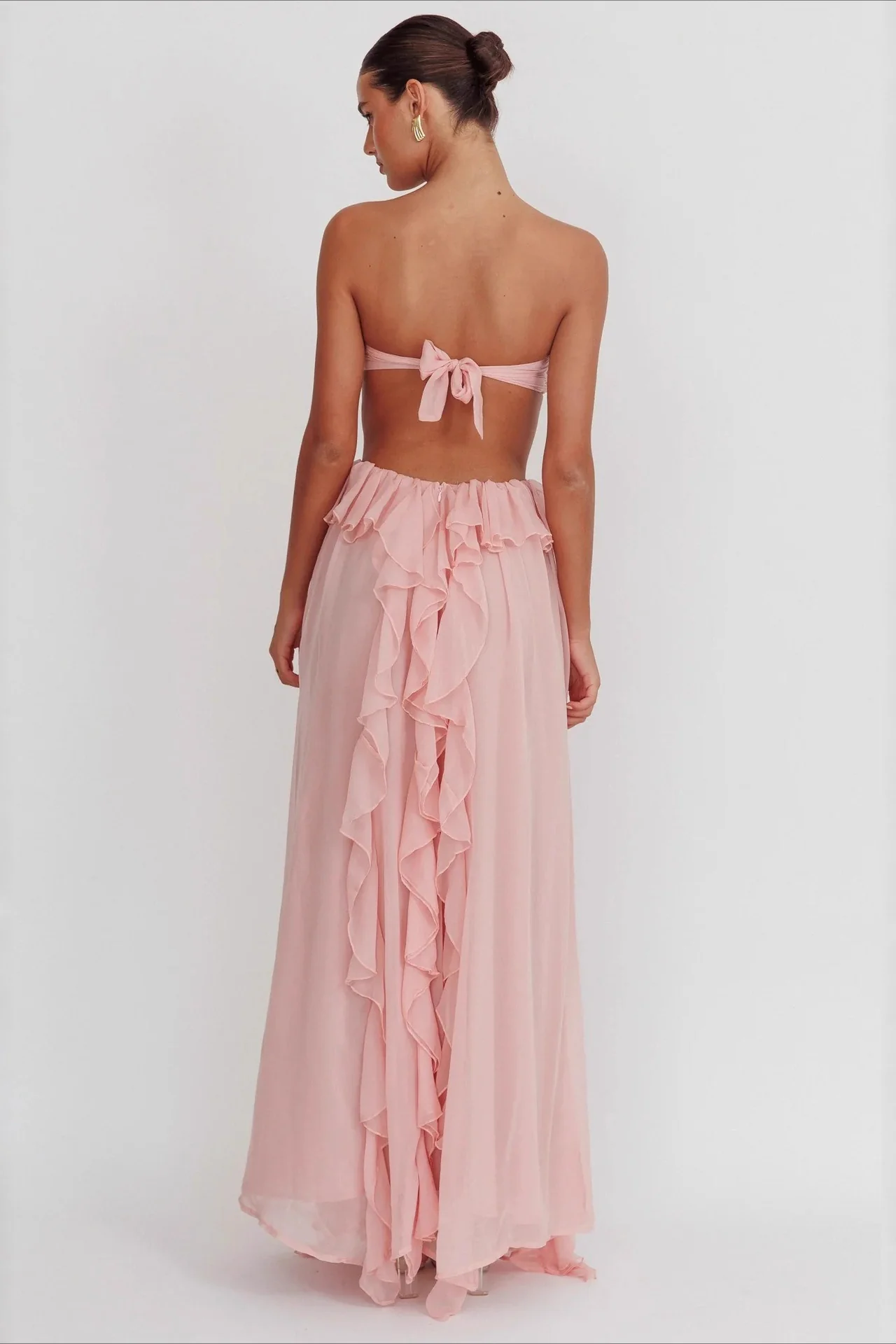 Backless Lace Up Ruffle Strapless Maxi Prom Dress - Image 3