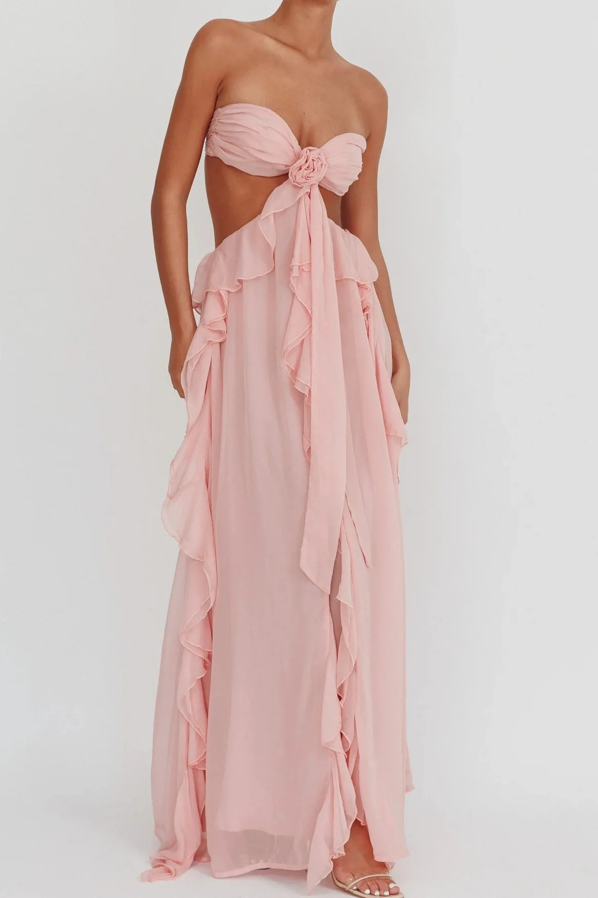 Backless Lace Up Ruffle Strapless Maxi Prom Dress - Image 4