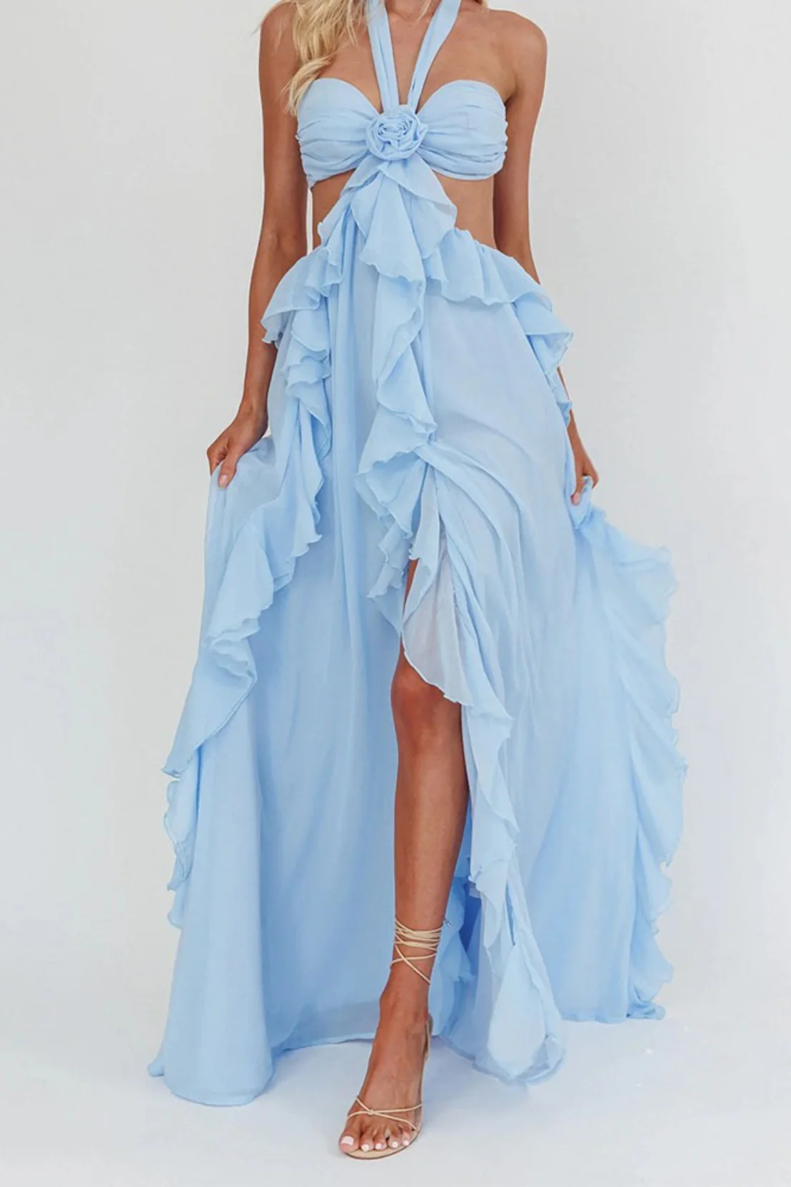 Backless Lace Up Ruffle Strapless Maxi Prom Dress - Image 6
