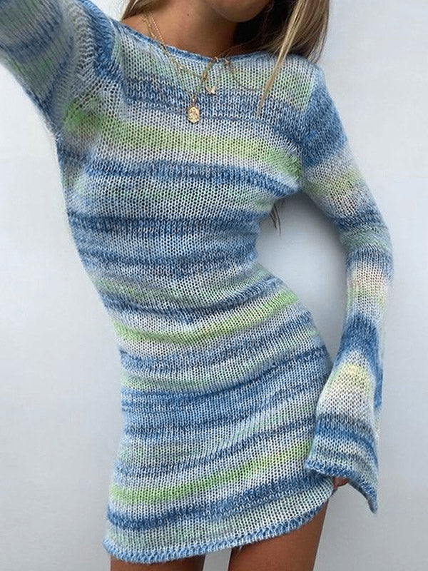 Backless Long Sleeve Striped Knit Mini Dress - Image 8