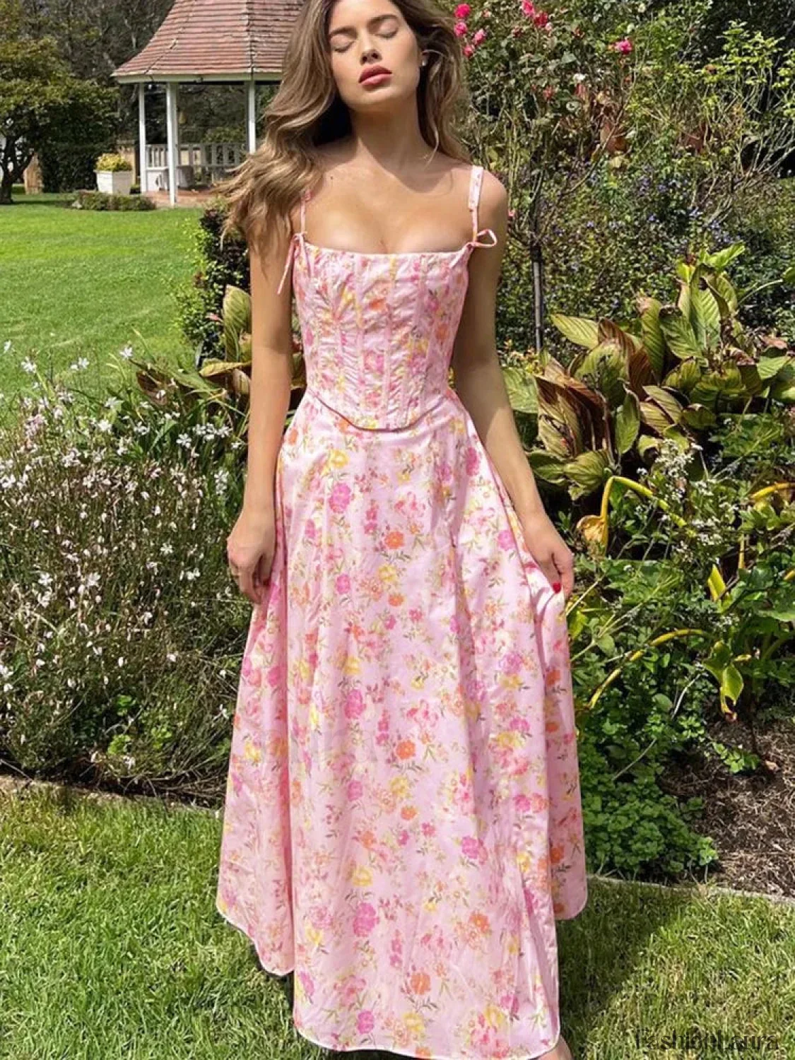 Backless Ribbed Spaghetti Floral Dress - Image 7