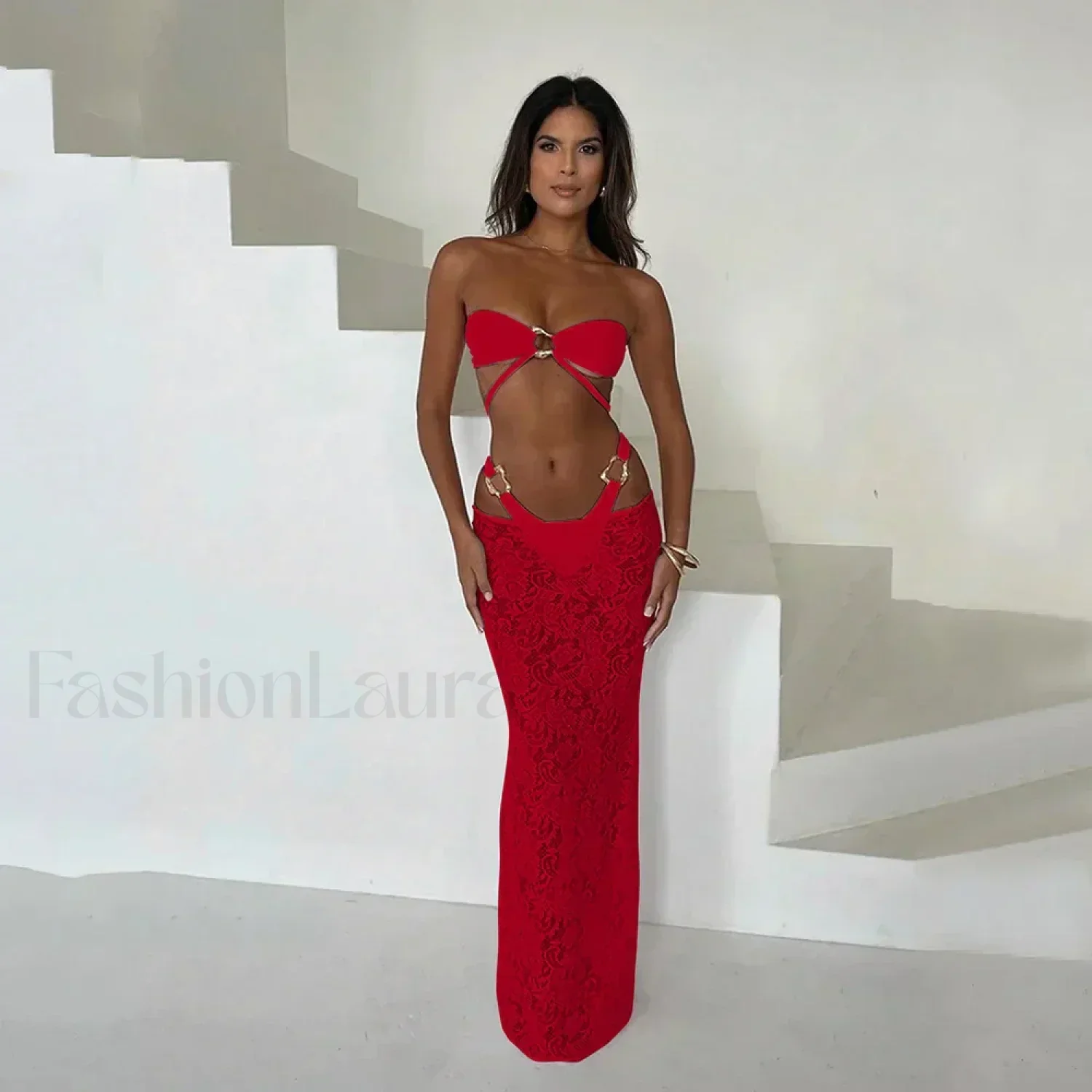 Bandeau Long Dress Bikini Three Piece Set - Image 9