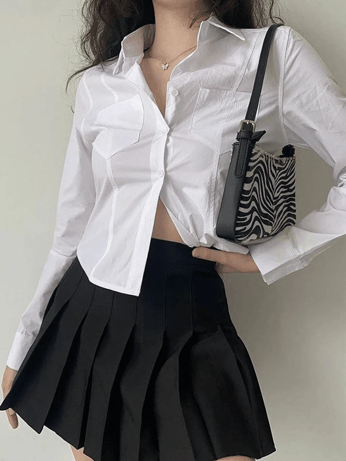 Basic Long Sleeve Button Blouse - Image 34
