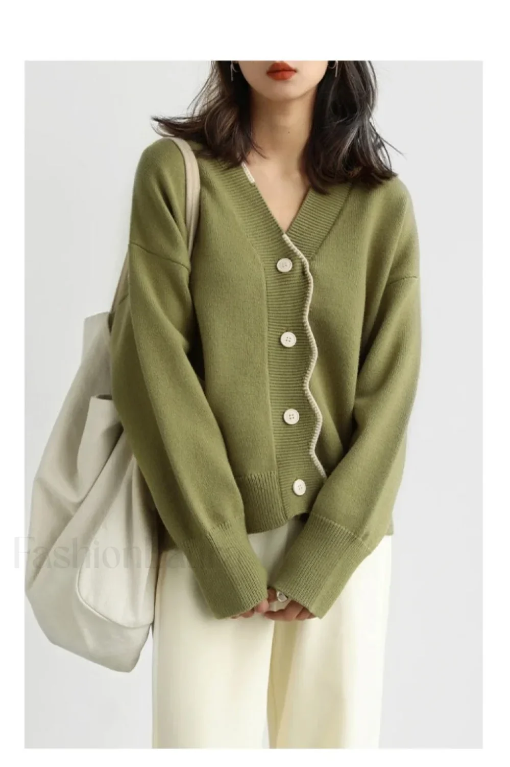 Basic V-neck Loose Knit Cardigan - Image 7