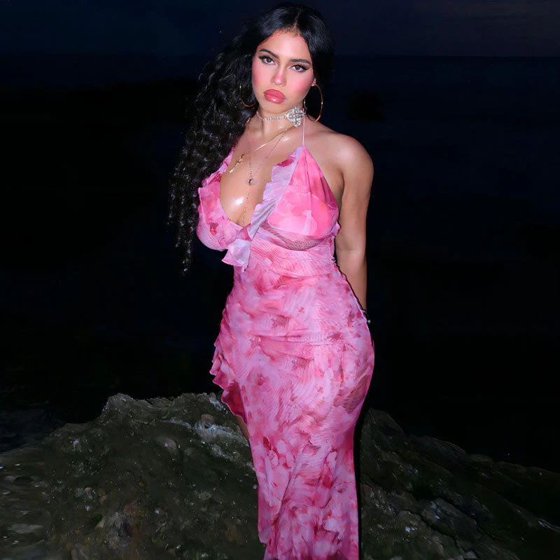 Beach Vacation Tie Dye Print Ruffle Trim Halter Maxi Dress - Pink - Image 3