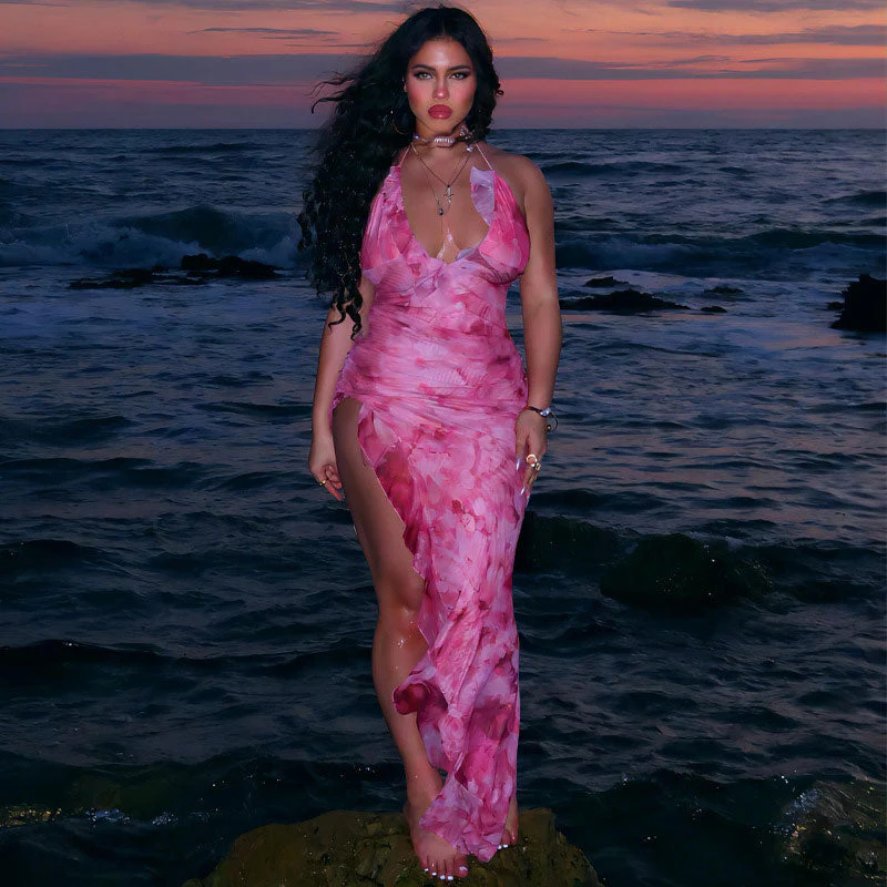 Beach Vacation Tie Dye Print Ruffle Trim Halter Maxi Dress - Pink - Image 6