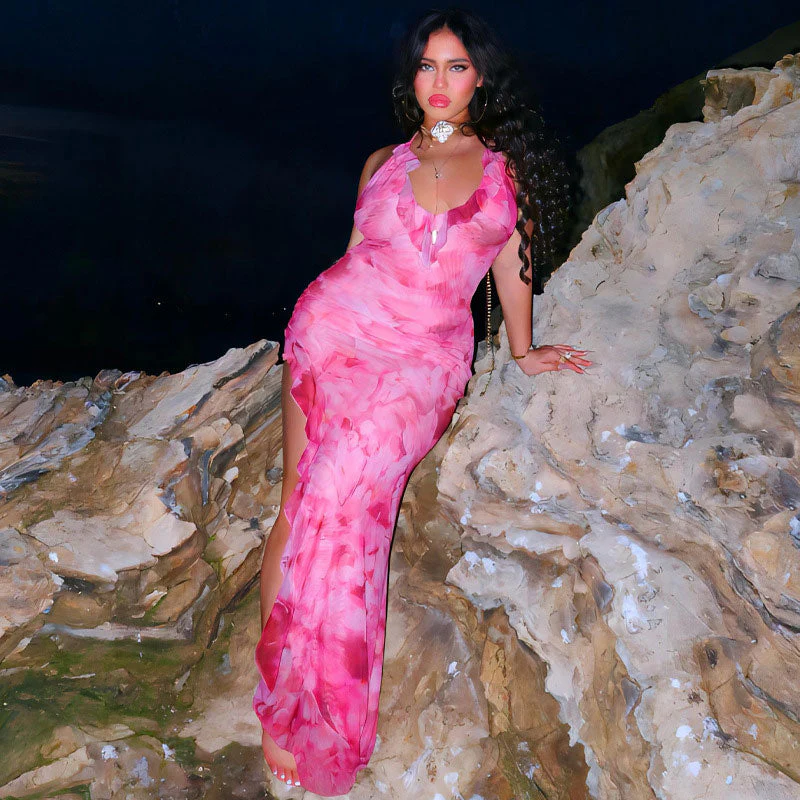 Beach Vacation Tie Dye Print Ruffle Trim Halter Maxi Dress - Pink - Image 8