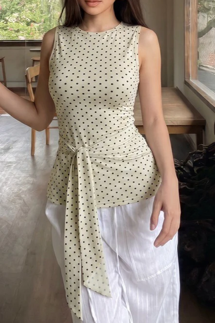 Beige Polka Dot Waist Tie Tank Top - Image 4