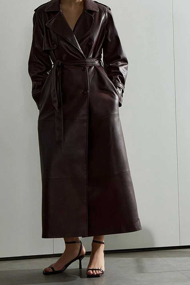 Belted Faux Leather Waist Fit Overcoat - Image 3
