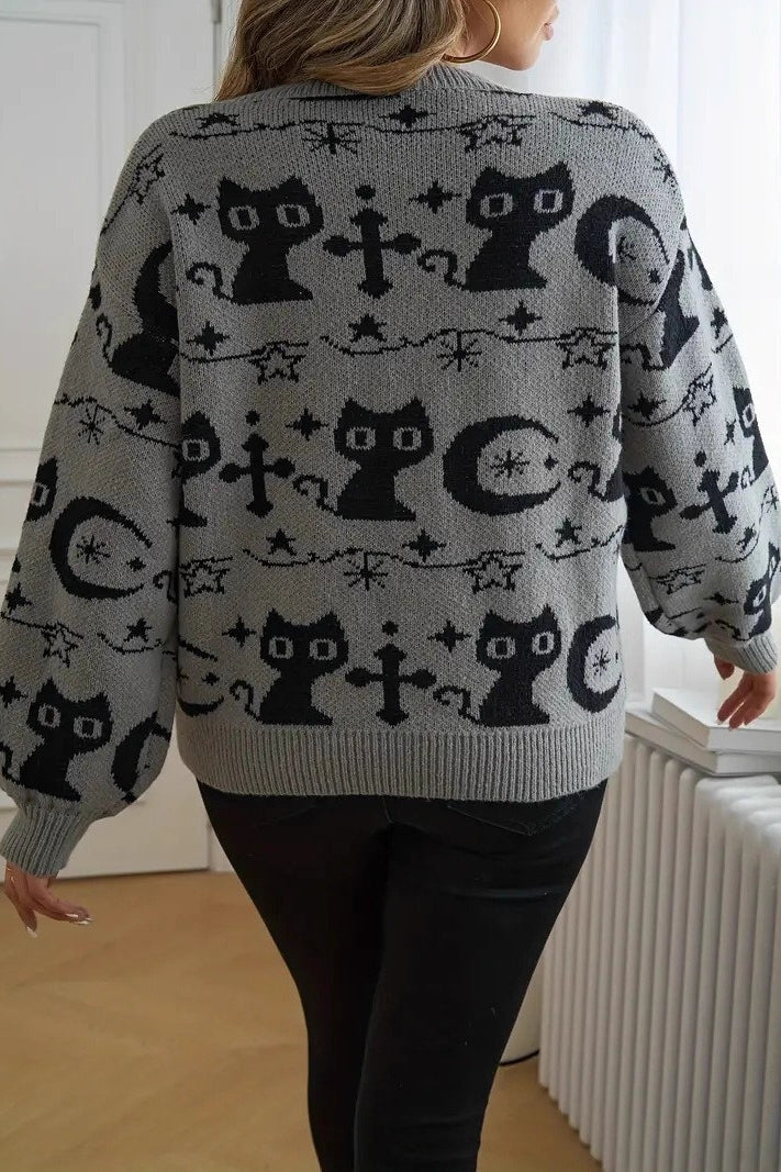 Black Cat Moon Jacquard Knit Sweater - Image 11